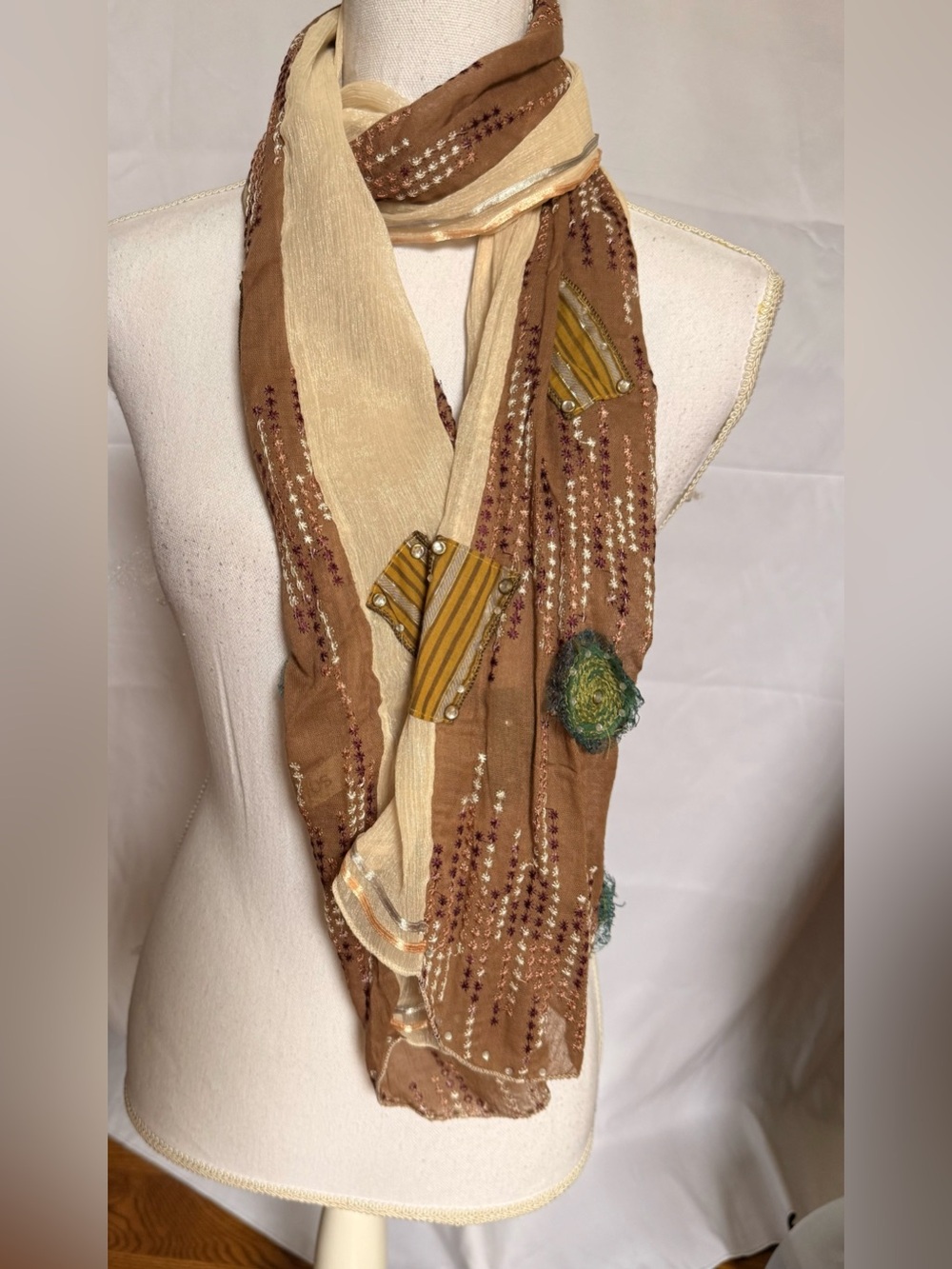 Manyus Embellished Brown & Cream Women's Scarf